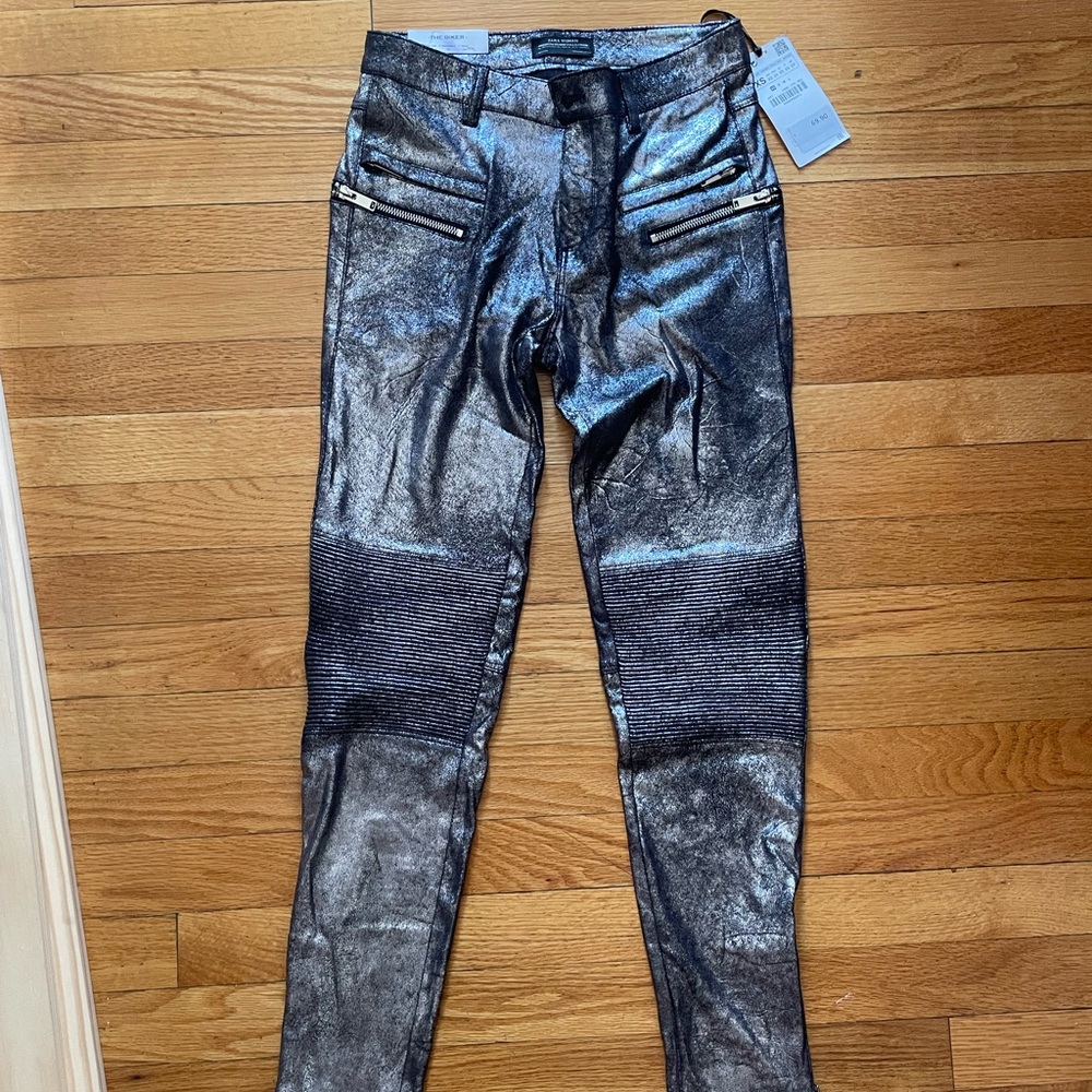 Zara premium denim collection Shimmering Silver Pants NWT metallic polysuede